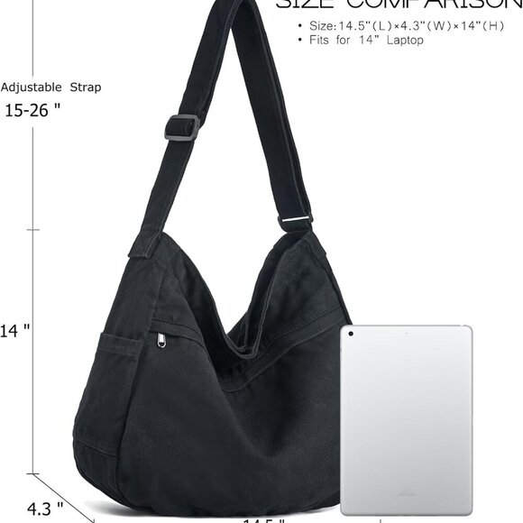 Canvas Hobo Crossbody Tote Bag for Women Men Large Capacity Travel Work - Picture 4 of 6